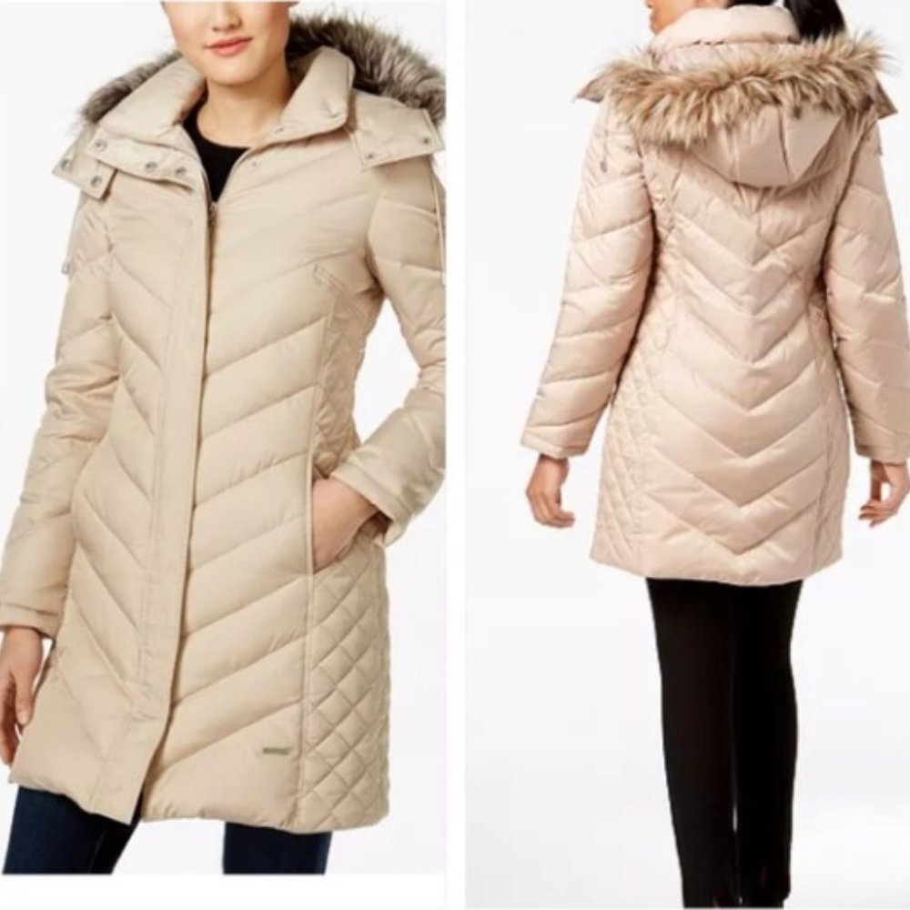Kenneth Cole Reaction Womens L Down Long Beige Puffer Jacket Quilted Hooded